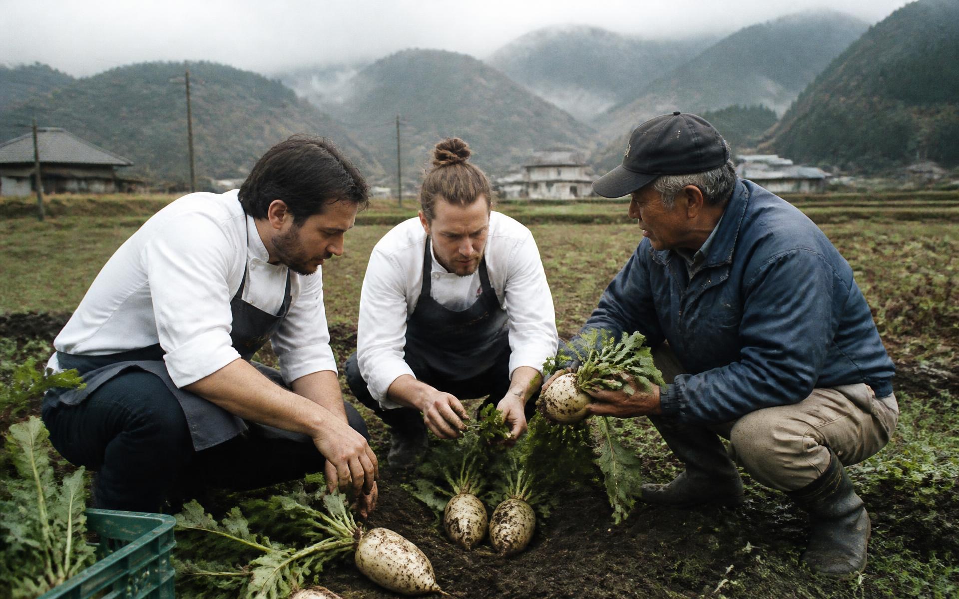 Two chefs crouching in a Kameoka vegetable field with a farmer, handling freshly pulled daikon