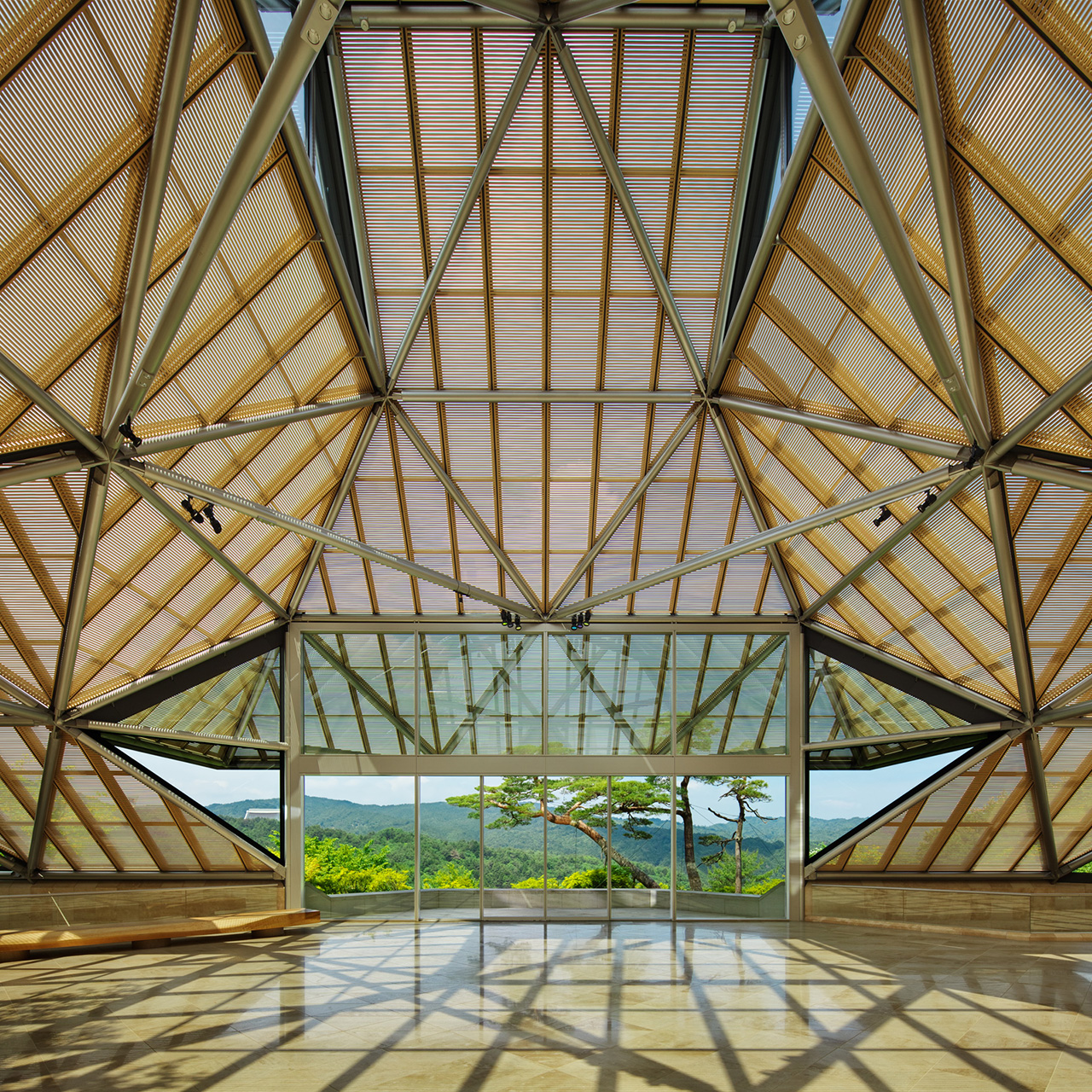 Contemporary art installation inside a historic Kyoto machiya opening onto a garden