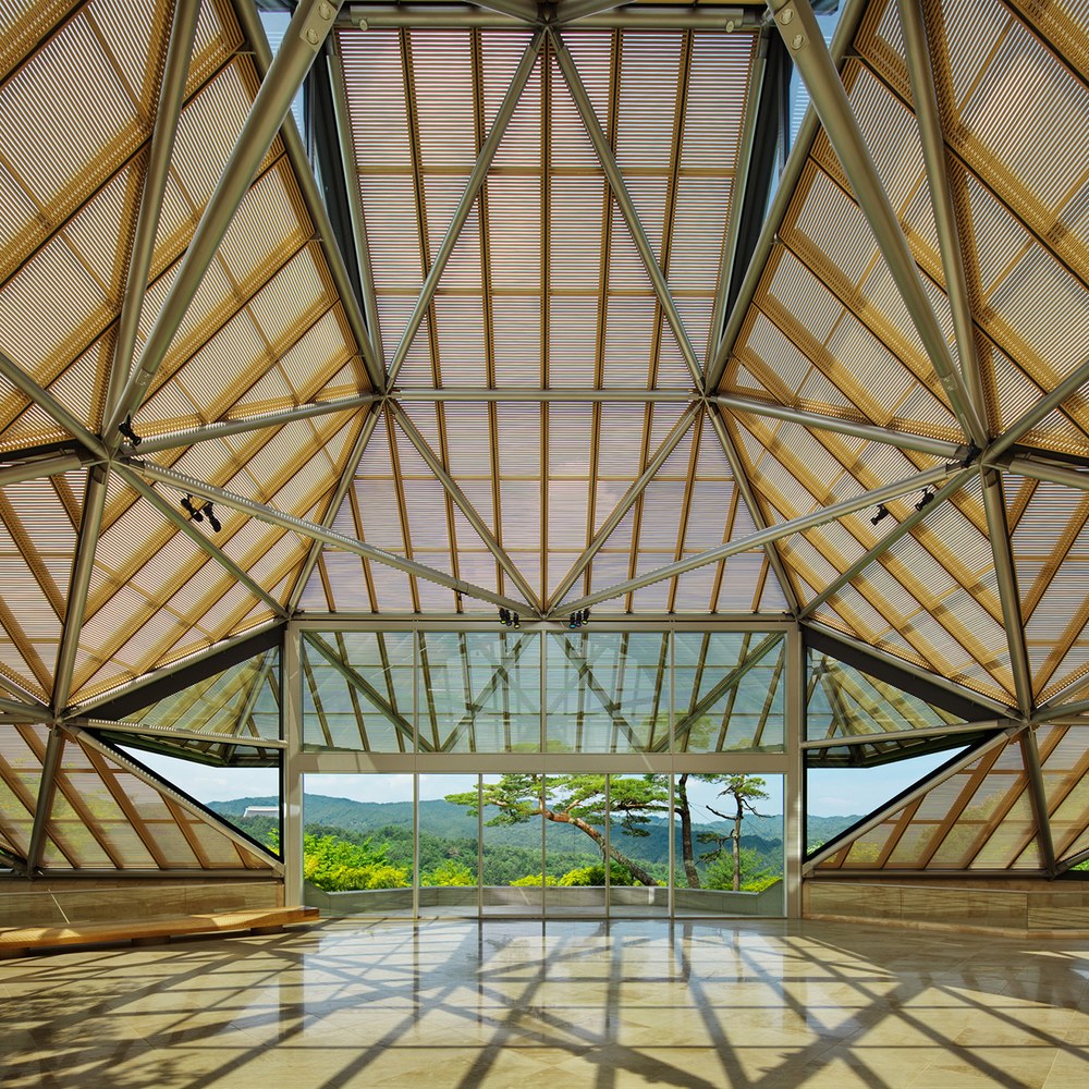 MIHO MUSEUM interior with its timber and glass roof structure