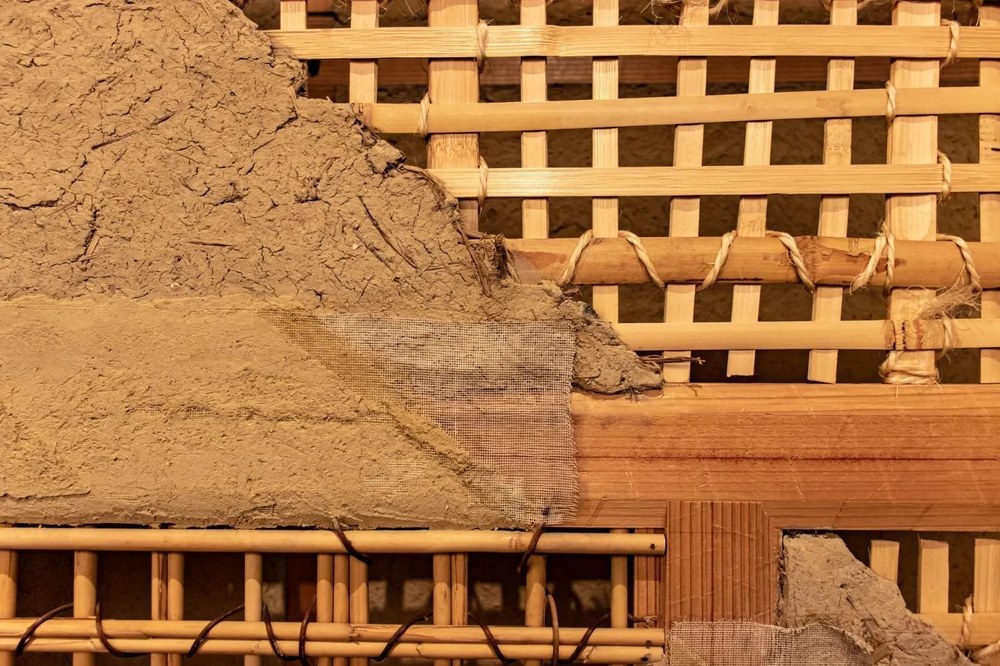 Earthen wall over a bamboo lattice in a traditional Japanese building